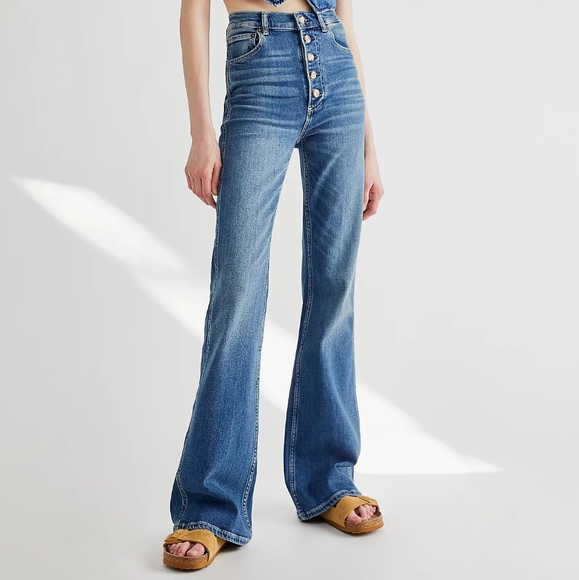 FREE PEOPLE BOYISH The Ricky Denim Stretch High-Rise Flare Jeans Blue - Picture 3 of 11